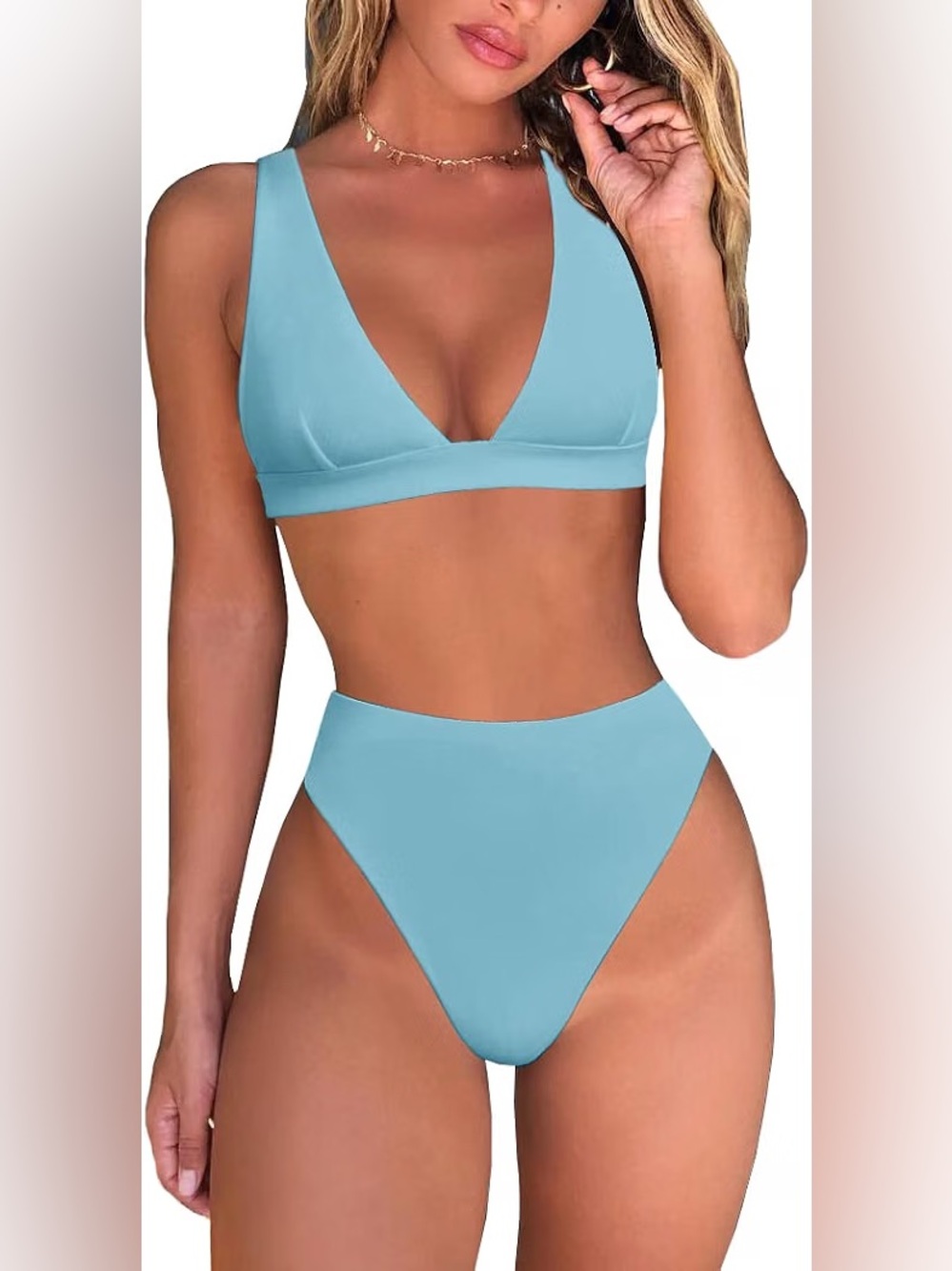 Light Blue V-Neck High-Waist Bikini Set